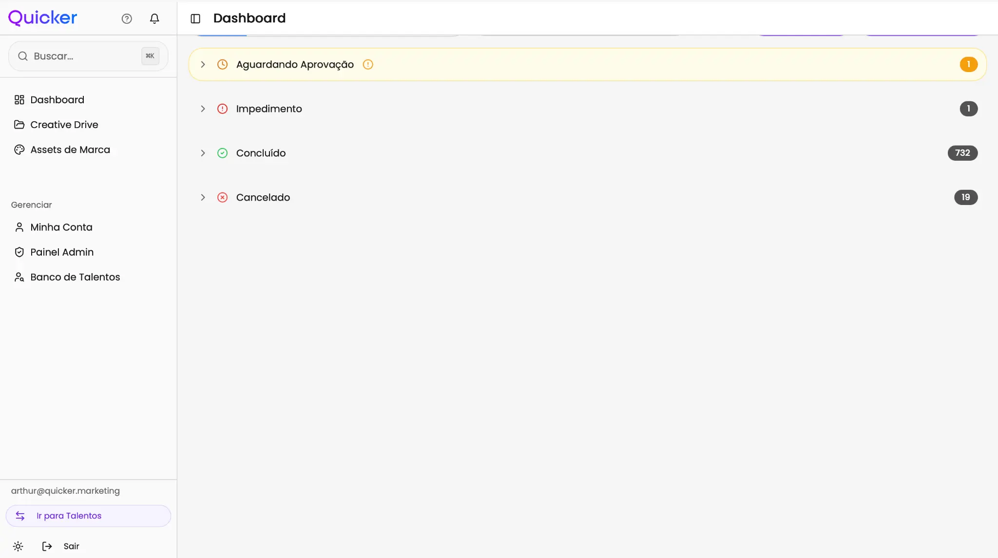 Dashboard real da plataforma Quicker
